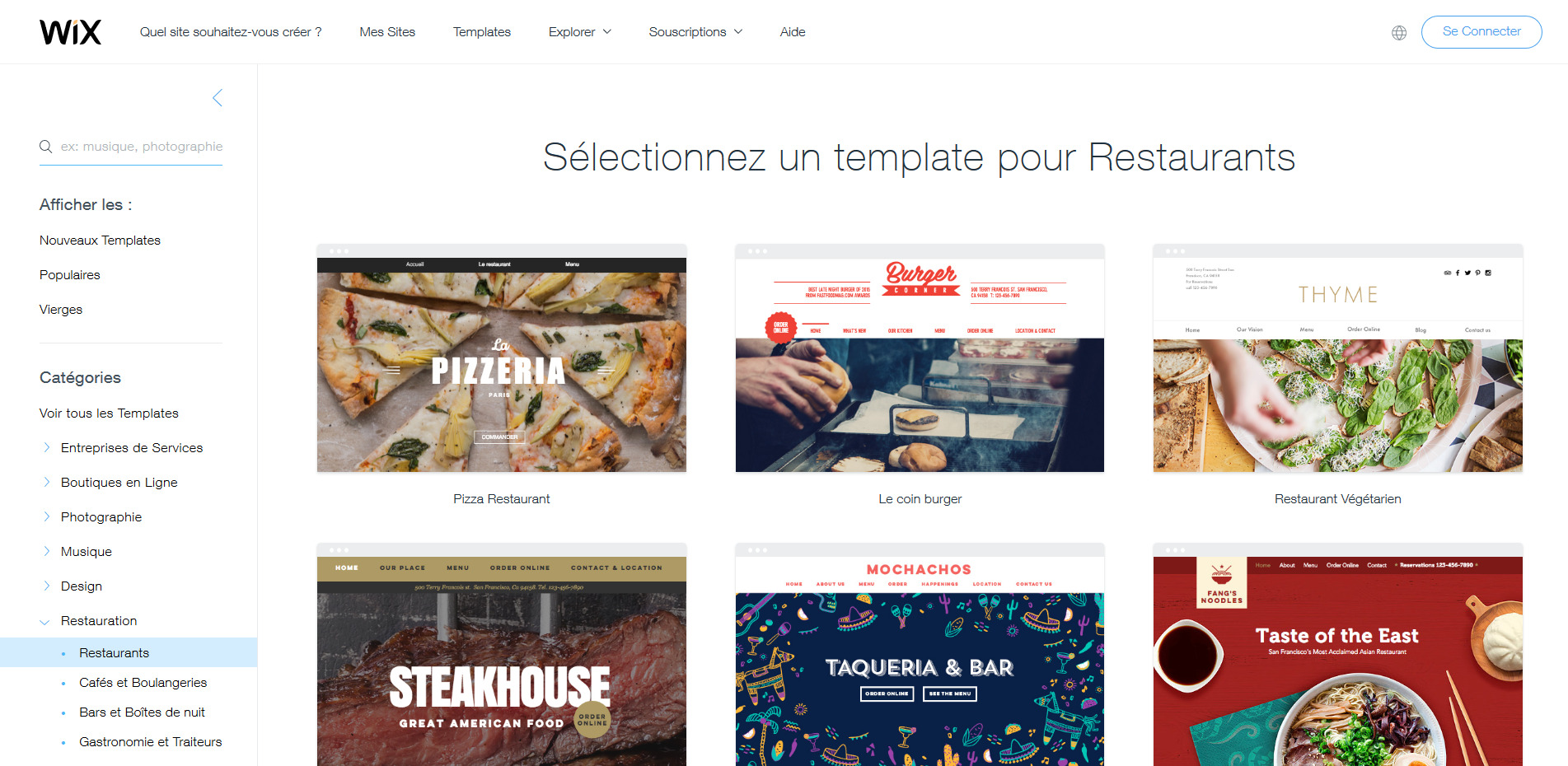 Selection template HTML Wix pour restaurant